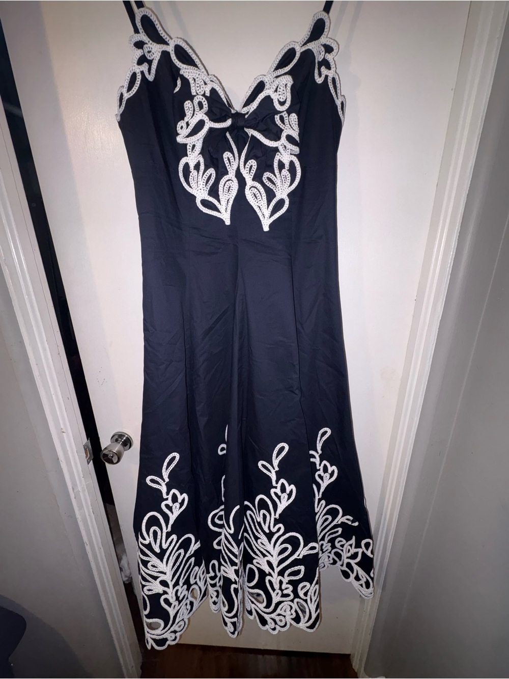 cinq a sept Navy Midi Dress with White Lace Appliqué
